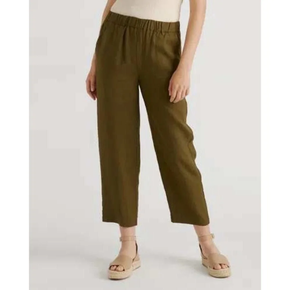 Quince Womens European Linen Pants Sz L Olive Green High Rise Cropped Relaxed